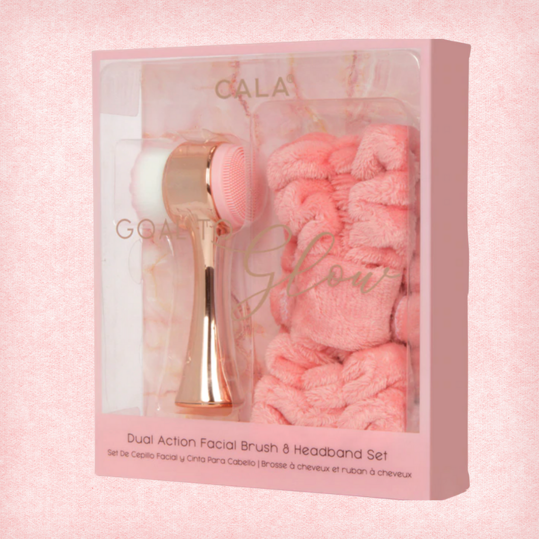 CALA Pink Goal to Glow Dual Action Facial Brush & Headband Set
